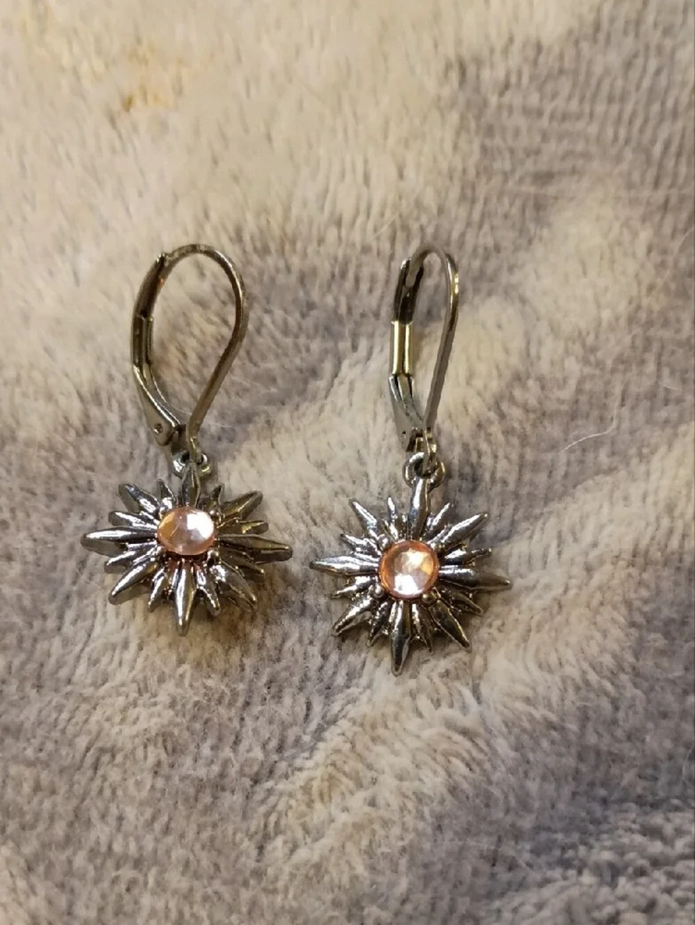 Silver Sunburst Earrings with Pink Center Gem